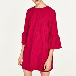 Zara Womens Frilled Sleeve Textured Mini Shift Dress Hot Pink size Medium